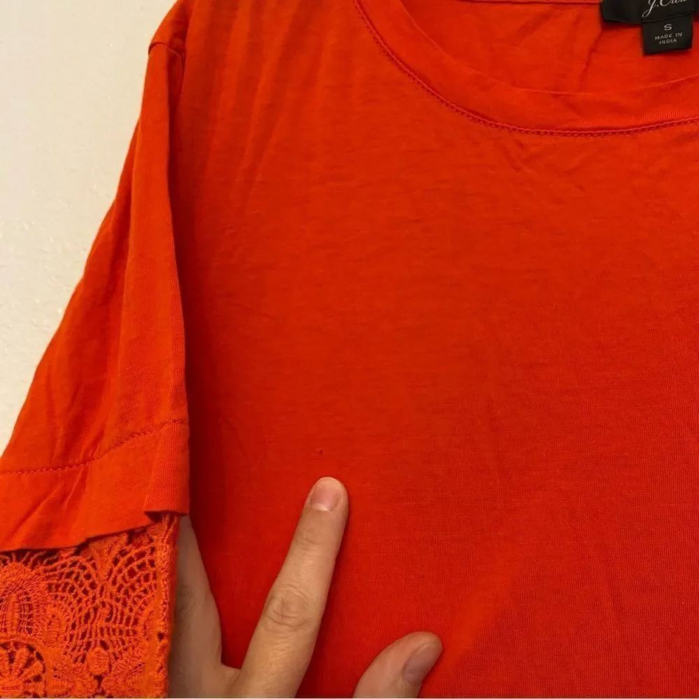 J Crew neck Lace embroidered Sleeve blouse Tee Sunset red orange cotton S